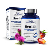 1MD Nutrition frasco frontal de LiverMD mostrando etiqueta clara y ventajas