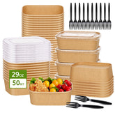 Vasija 29 oz Kraft frontal con tapa y tenedor mostrando conveniencia para llevar