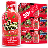 5-hour ENERGY frente del empaque berry mostrando 30 unidades y conveniencia