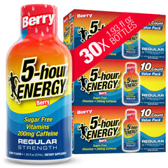 5-hour ENERGY frente del empaque Berry mostrando 30 unidades y conveniencia