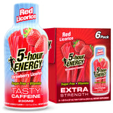 5-hour ENERGY frontal del envase mostrando sabor regaliz rojo y beneficio portátil