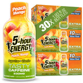 5-hour ENERGY frontal del paquete de 30 unidades mostrando sabor Peach Mango y conveniencia