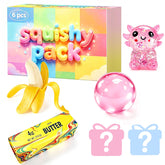 75F vista frontal del pack con seis squishies, regalo compacto