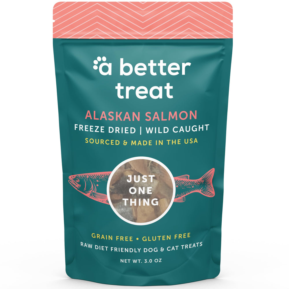 A Better Treat empaque frontal que muestra salmón liofilizado y beneficios
