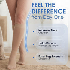 ABSOLUTE SUPPORT mujer en oficina usando calcetines para confort prolongado