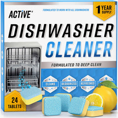 ACTIVE front packaging of dishwasher cleaner tablets showing quantity and features