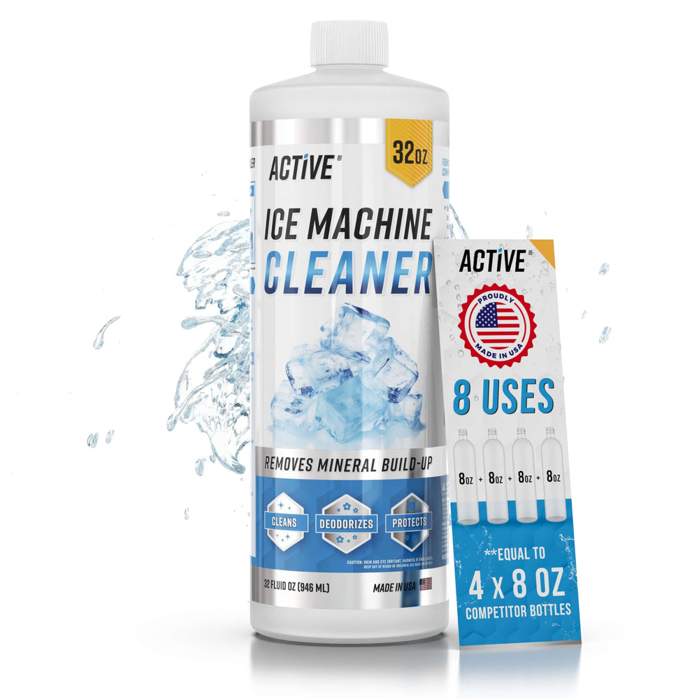 ACTIVE botella frontal del limpiador de máquina de hielo mostrando envase y volumen