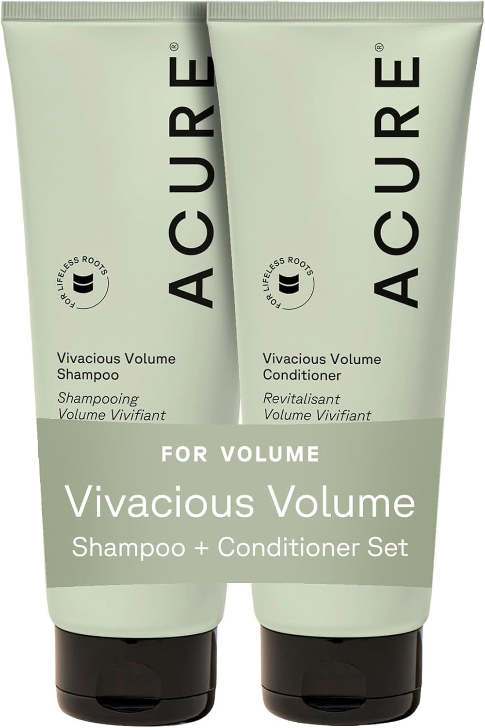 Acure set frontal mostrando botellas y beneficio de volumen ligero