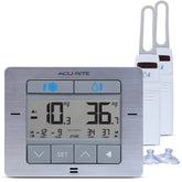 AcuRite pantalla frontal mostrando temperaturas y alarma, control claro