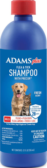 ADAMS envase frontal del champú mostrando la marca y uso antiparásitos