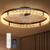 addlon vista frontal del fandelier con luz encendida para ambiente confortable