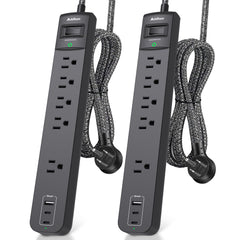 Addtam vista frontal de la regleta muestra 5 enchufes y 3 USB, beneficio orden y capacidad