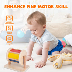 Adena Montessori bebé empujando el tambor durante tummy time para fortalecer cuello