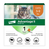 Advantage II Small Cat frente del empaque mostrando la marca y beneficio antipulgas