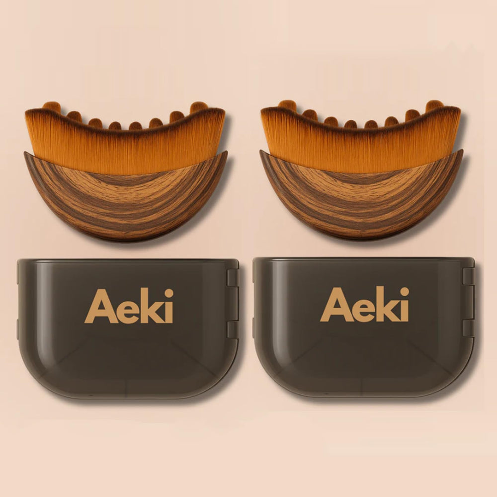 Aeki frente del empaque mostrando la brocha y beneficios visuales