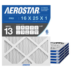 Aerostar empaque frontal pack de 6 mostrando dimensiones y beneficio de filtración