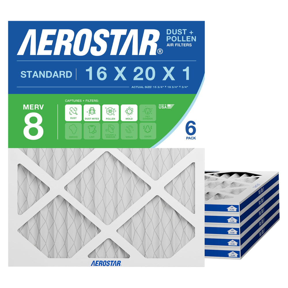 Aerostar frontal del empaque mostrando pack de 6 filtros y especificaciones claras