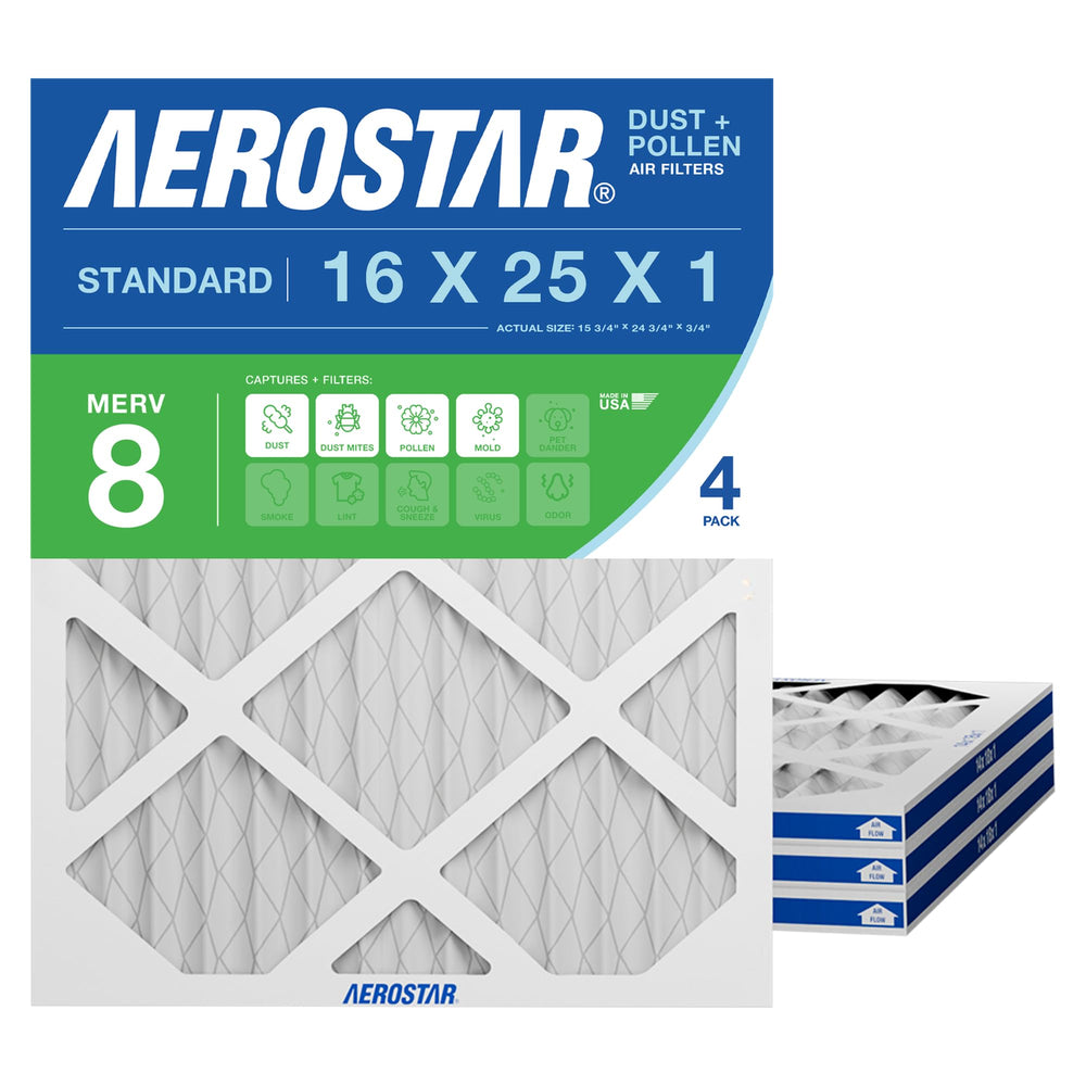 Aerostar vista frontal del paquete de 4 filtros mostrando tamaño y marca, mejora calidad de aire