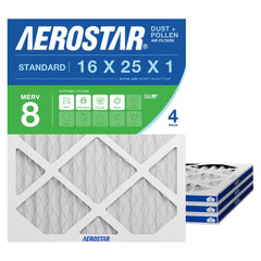 Aerostar vista frontal del paquete de 4 filtros mostrando tamaño y marca, mejora calidad de aire