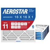 Aerostar vista frontal del paquete de 6 mostrando tamaño y sello MERV 11 para respirabilidad mejorada