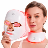 Aesthifae máscara LED frontal mostrando cobertura facial y cuello, mejora apariencia