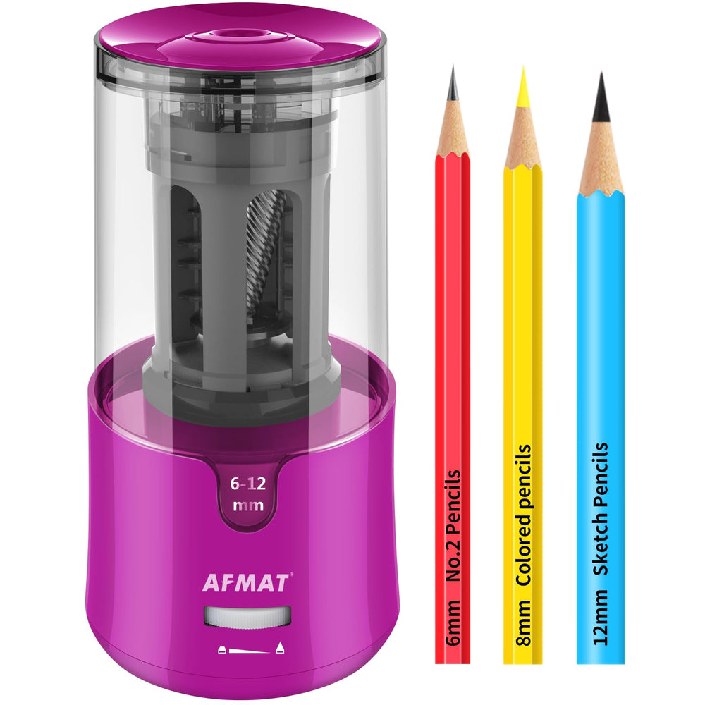 AFMAT vista frontal del sacapuntas con tapa mostrando diseño compacto y facilidad