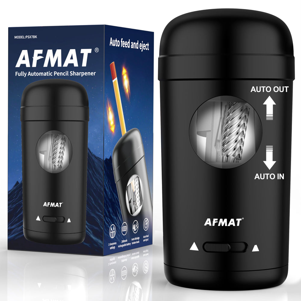 AFMAT vista frontal del sacapuntas mostrando diseño compacto y fácil uso
