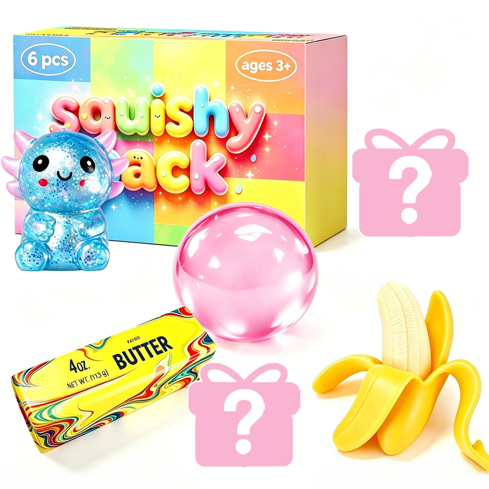 AGSWE vista frontal del paquete de 6 squishies, ideal para escritorio