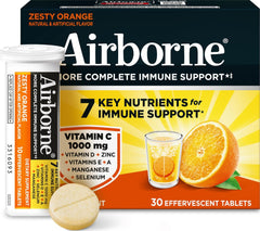Airborne frente del envase mostrando 30 tabletas y sabor naranja Zesty