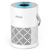 AirHub front view showing compact purifier and clean-air benefit