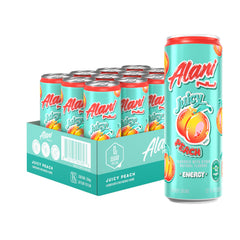 Alani Nu lata frontal mostrando diseño y sabor Juicy Peach, atractivo para llevar