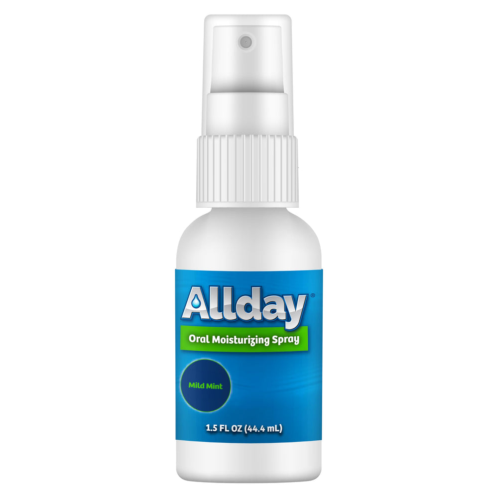 Allday pack frontal de cuatro sprays para boca seca mostrando diseño y tamaño práctico