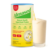 Almased envase frontal de vainilla mostrando diseño y peso del producto, cómodo y claro