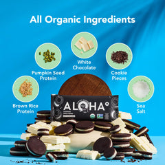 ALOHA barra cortada revela interior proteico y fibra, nutrición visible y real