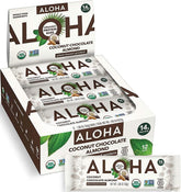 ALOHA frontal de caja mostrando sabor coco chocolate almendra y conveniencia