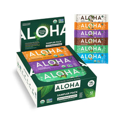 ALOHA empaque frontal del pack de 12 barras mostrando variedad y conveniencia
