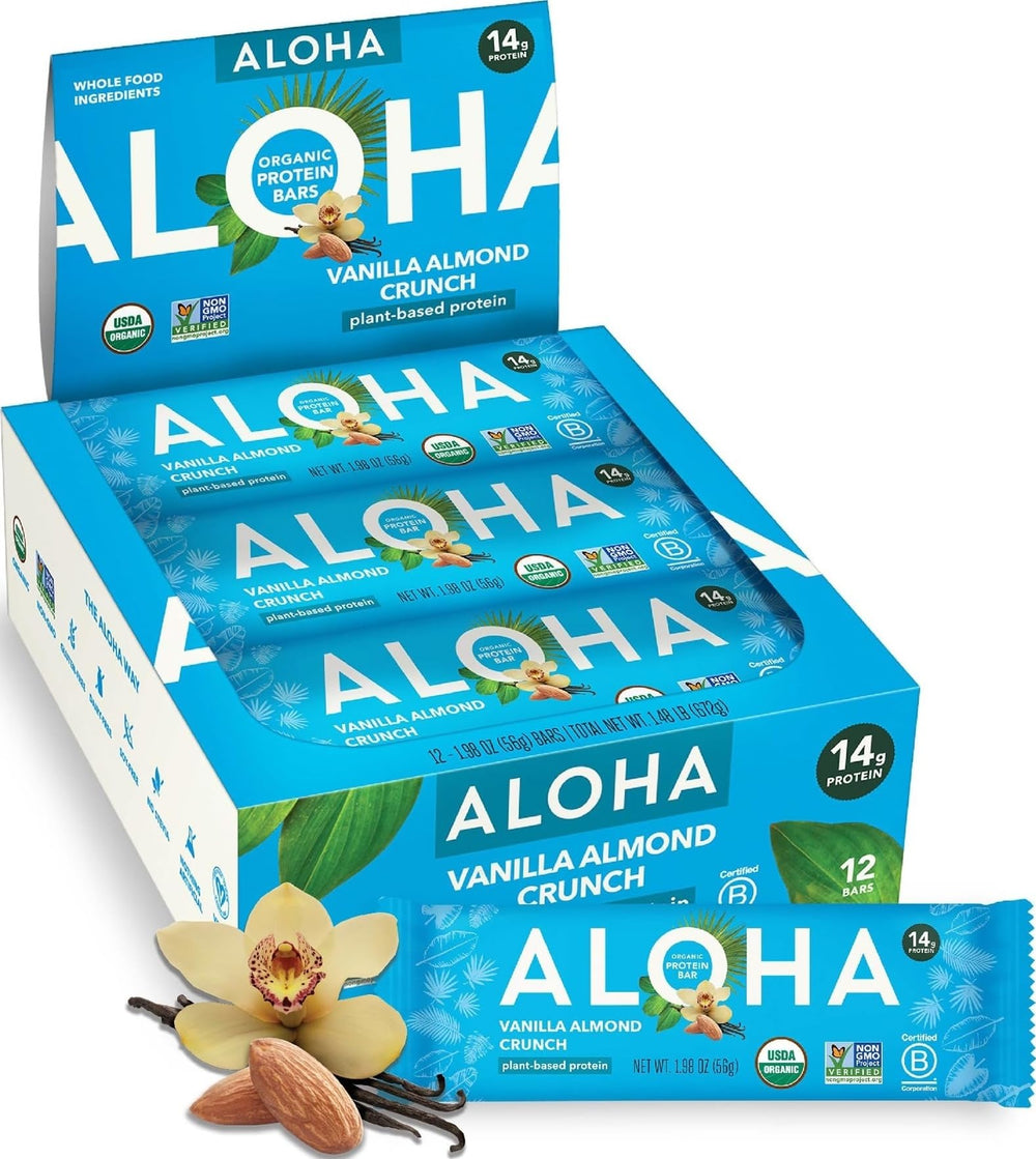 ALOHA empaque frontal Vainilla Almendra Crunch, conveniencia y proteína