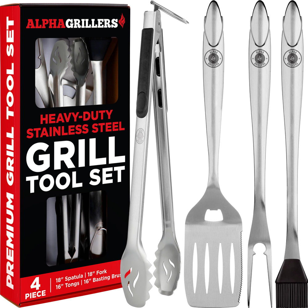 Alpha Grillers front view of full 4-piece set showing durable stainless finish and compact layout