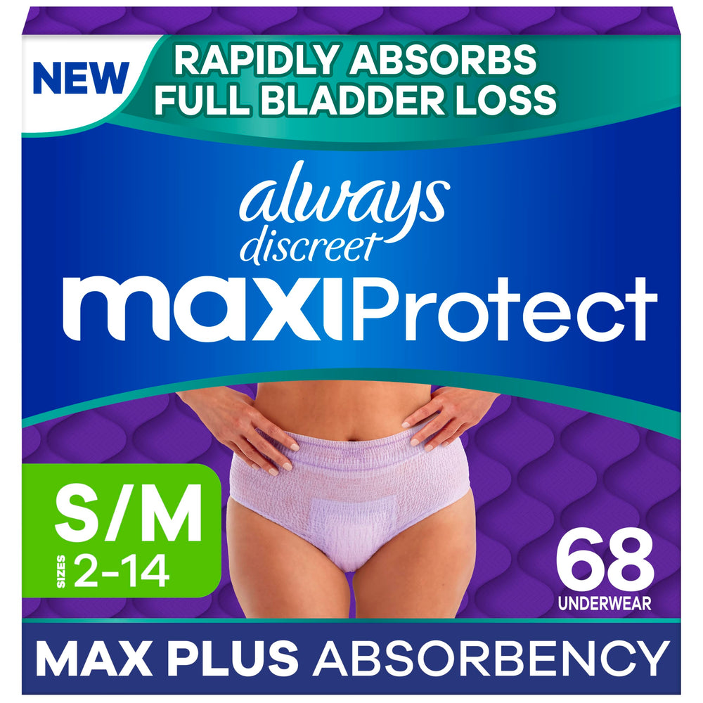 Always Discreet frente del empaque mostrando 68 unidades y confianza