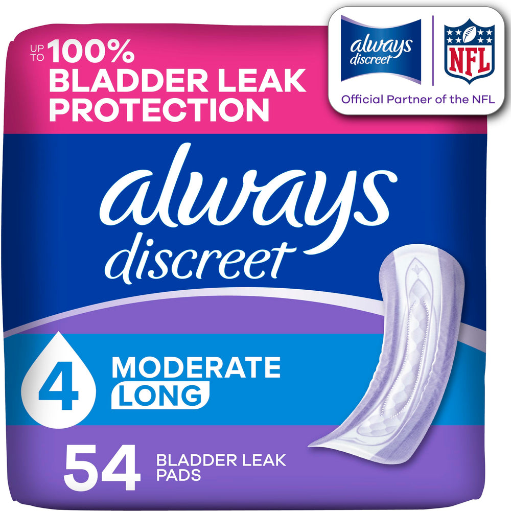 Always Discreet empaque frontal mostrando unidad y longitud larga