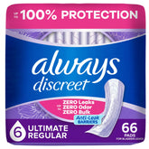 Always Discreet paquete frontal 66 unidades mostrando contenido conveniente