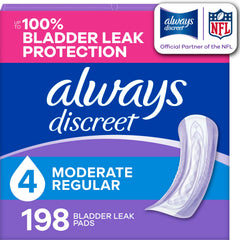 Always Discreet empaque frontal mostrando cantidad y formato, comodidad visible