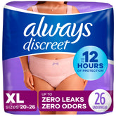 Always Discreet frontal del paquete mostrando tallas y cantidad, conveniencia inmediata