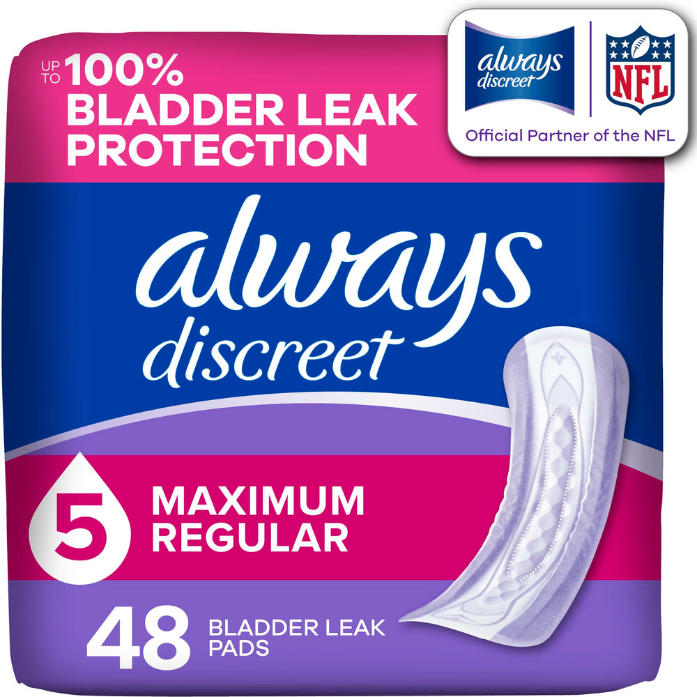 Always Discreet empaque frontal mostrando 48 unidades y portabilidad