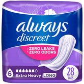 Always Discreet empaque frontal mostrando protección discreta y conteo