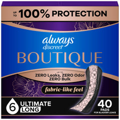 Always Discreet frontal del paquete mostrando cantidad y diseño, protección confiable