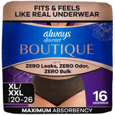 Always Discreet paquete frontal mostrando 16 bragas y beneficio de discreción