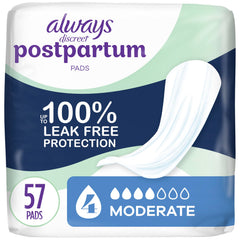 Always Discreet paquete frontal mostrando 57 unidades y conveniencia