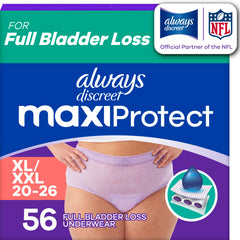 Always Discreet front packaging showing XL/XXL 56 count and benefits
