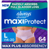 Always Discreet frontal del paquete mostrando beneficio de alta absorción